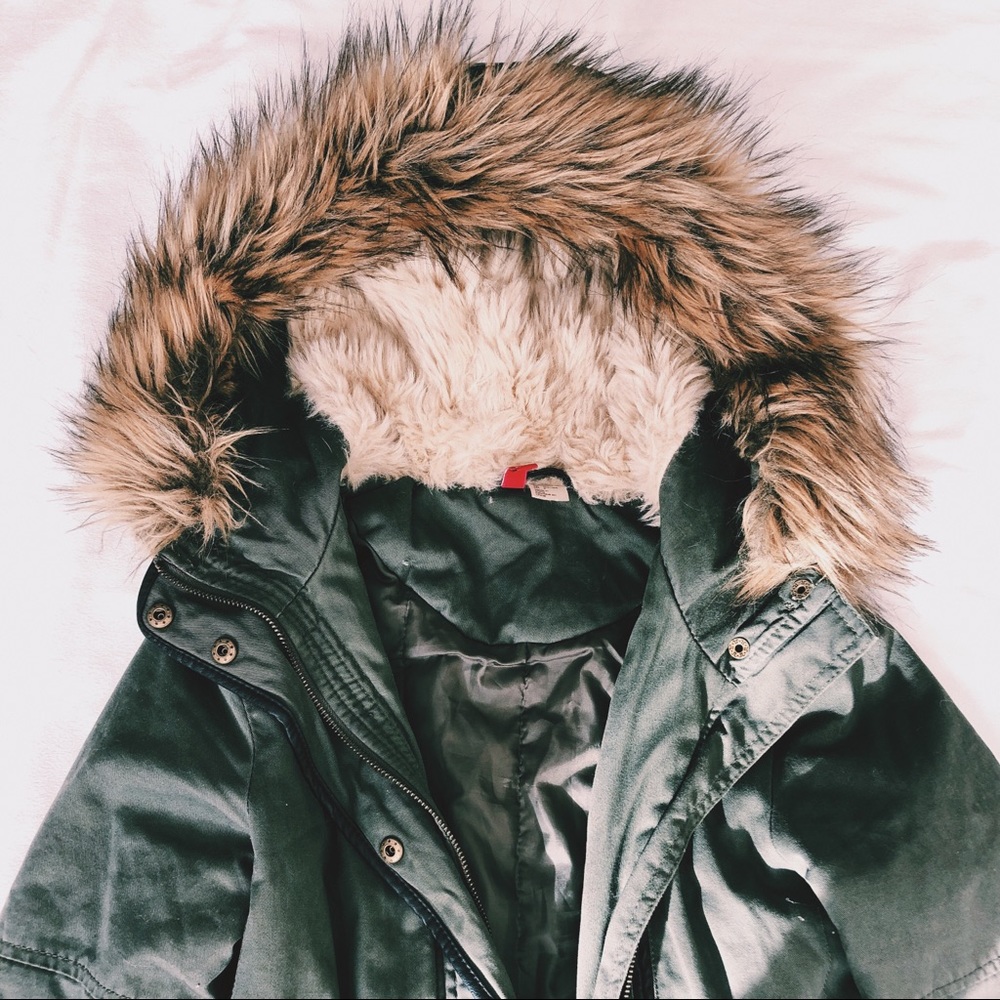 H & M green parka with leather detail